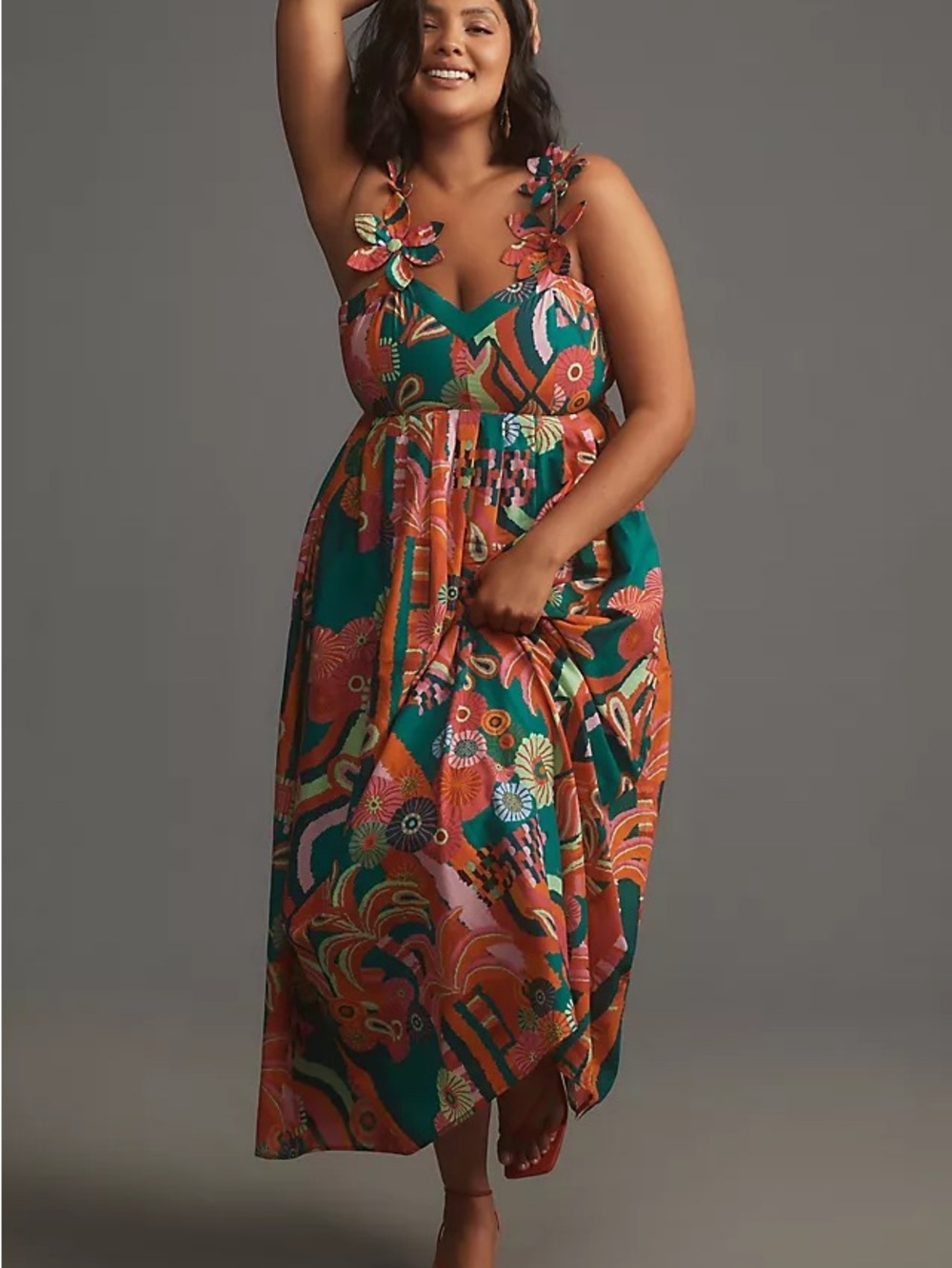 FARM Rio Teal and Coral Floral Midi Dress